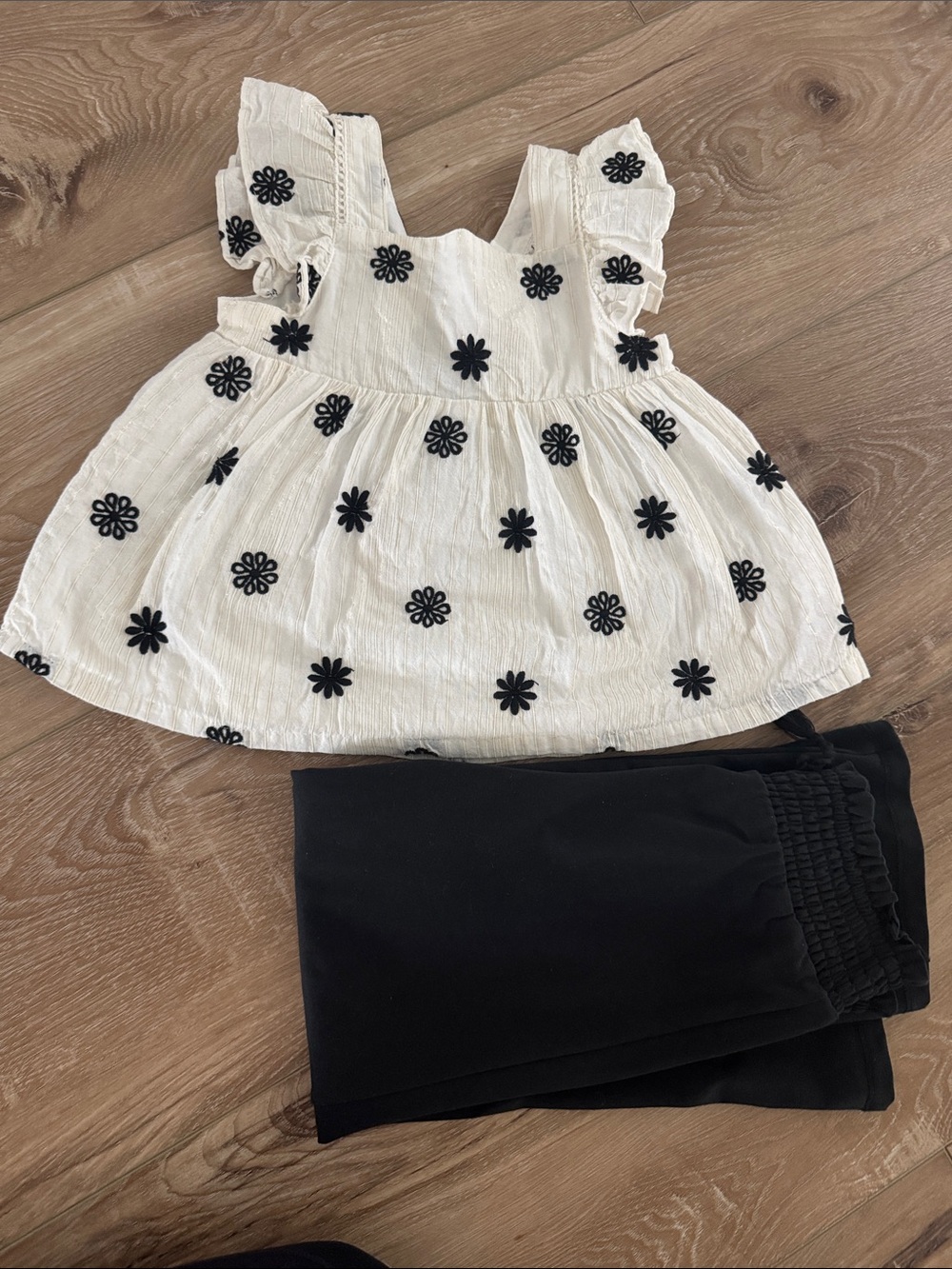 Rachel Zoe Girls Ivory & Gold Floral Embroidered Ruffle Sleeve Top & Black Pants